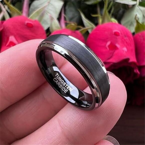 Tungsten Wedding Bands for Men 6mm Black Brushed Silver Stripe Rings for Her - Picture 2 of 8
